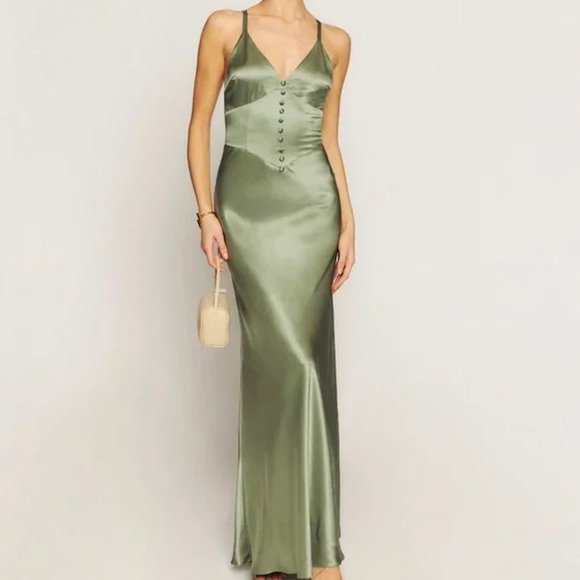 Reformation Dresses & Skirts - Reformation Satin Olive Slip Maxi Dress